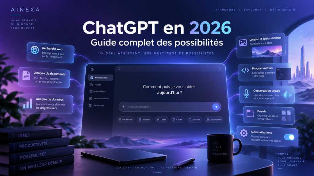 Illustration AINEXA présentant les principales possibilités de ChatGPT en 2026 : recherche web, analyse de documents, données, images, programmation, voix, projets et automatisations.